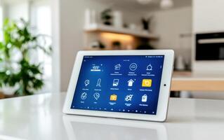 Smart home system interface displayed on a modern tablet in a contemporary kitchen setting photo