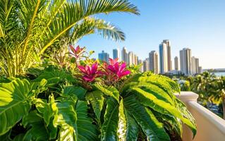 Lush prehistoric flora juxtaposed with modern skyline in vibrant urban setting photo