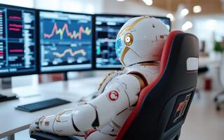High-tech robot manages accounting tasks in modern office environment with multiple screens and data visualizations photo