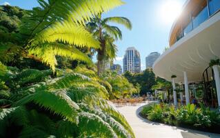 Giant ferns thrive in urban oasis amidst towering buildings on a sunny day photo