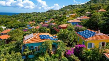 Sustainable eco-village surrounded by lush greenery and solar-powered homes located near the coastline photo