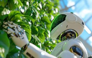 Robot tending to a futuristic vertical garden with vibrant greenery and advanced technology photo