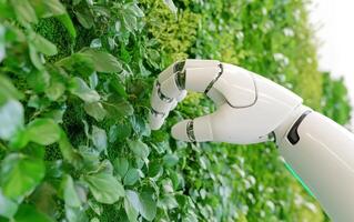 Robot tends to a vertical garden in a futuristic setting with vibrant greenery and advanced technology photo