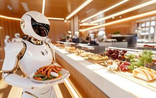 Smart restaurant showcases robotic waiters serving guests at a modern dining venue photo
