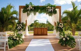 Beautiful setup of a wedding altar surrounded by lush prehistoric plants under a bright sky photo