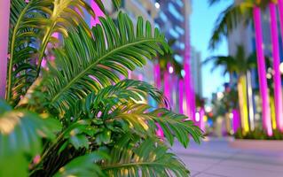 Surreal display of massive lush ferns illuminating the vibrant urban landscape at twilight photo