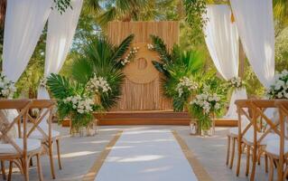 Exquisite display of prehistoric plants featuring lush ferns in a vibrant outdoor setting with elegant floral arrangements photo