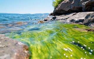 Prehistoric algae thrive along the rocky shoreline of a serene lake under bright sunlight photo