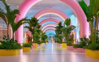 Giant prehistoric plants create a vibrant atmosphere in a modern shopping space filled with artistic arches photo