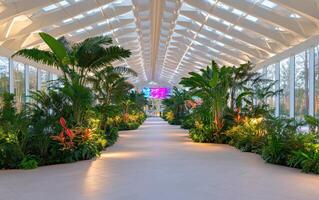 Exhibition of prehistoric plants featuring giant ferns in a contemporary greenhouse environment photo