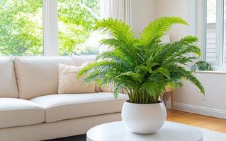 Giant ferns grow lush and vibrant in a well-lit living room setup with cozy sofa and natural sunlight photo