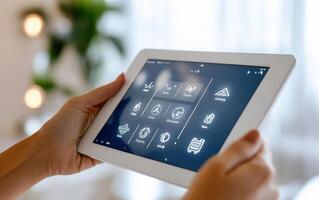 Smart home system interface displayed on a modern tablet in a bright living space, illustrating home automation control options photo