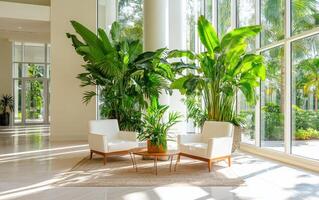 Fossil-era plants tower over a serene indoor seating area in a bright, modern space in a tropical setting photo