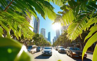 Towering giant ferns lining a busy city boulevard under bright sunlight in an urban environment photo