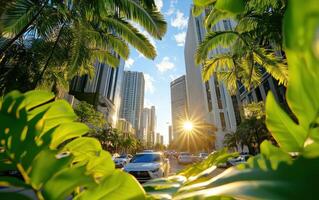 Towering giant ferns thrive amidst urban skyscrapers during sunset in a vibrant cityscape photo