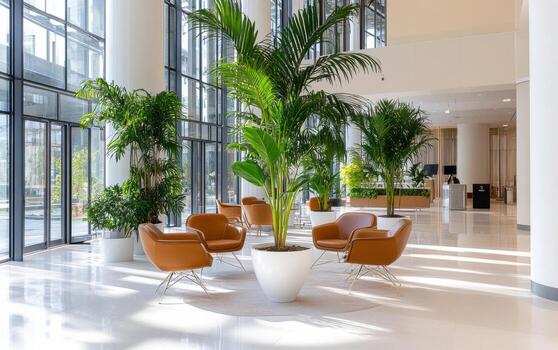 Unique display of towering fossil-era plants in a bright interior setting with modern furnishings photo