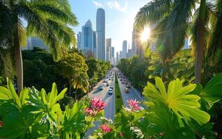 Giant ferns tower over a bustling urban landscape as sunlight filters through greenery photo