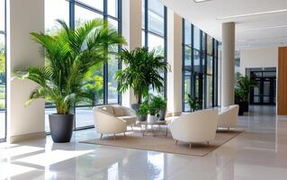 Fossil-era plants creating a majestic atmosphere in a modern indoor space with large windows and ample natural light photo