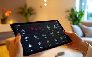 Modern smart home system interface displayed on tablet in a stylish living room during daytime photo