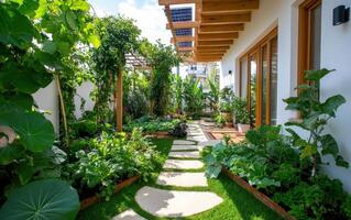 Backyard transformation into a stunning eco-system with greenery and pathways photo