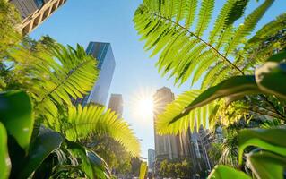 Towering giant ferns thrive in a bustling cityscape under bright sunshine photo