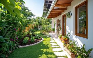Backyard transformed into a vibrant eco-system with lush greenery and sustainable features photo