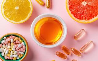 Wellness flat-lay featuring various vitamins, fresh citrus fruits, and colorful supplements for health and nutrition photo