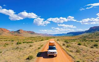 Off-road vehicle navigating a rugged trail under a bright blue sky in a vast desert landscape photo