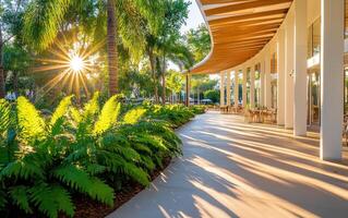 Giant ferns flourish along a sunlit pathway in a tropical setting filled with lush greenery and architectural beauty photo