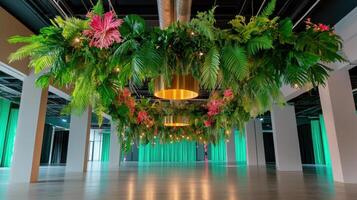 Prehistoric plants create a dramatic display in a modern exhibition space with vibrant colors and lush greenery photo