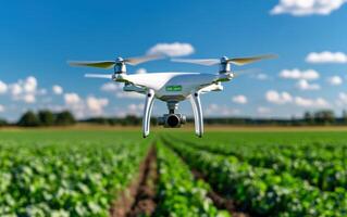 AI-powered drone hovers above expansive agricultural field capturing essential data for crop management and monitoring photo