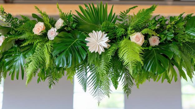 Prehistoric plants create a dramatic backdrop with vibrant foliage and delicate flowers for an elegant event atmosphere photo