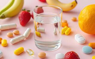 Wellness flat-lay showcasing vitamins, fruit, and a glass of water set in a bright, inviting setting ideal for a healthy lifestyle photo