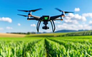 AI-powered drone hovers over expansive green field during clear day, showcasing advanced technology in agricultural practices photo