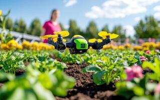 AI-powered robot transforming waste into sustainable resources in a vibrant garden setting photo