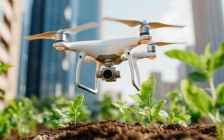 Innovative soil regeneration technology utilizes drone for effective crop management in urban farming photo