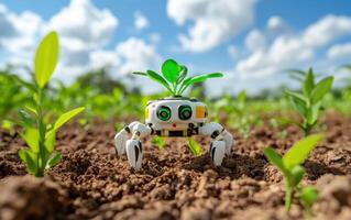 Innovative robotic worker tending to young plants in a vibrant agricultural field on a sunny day photo