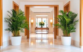 Dramatic giant ferns frame an elegant hallway with decorative floral arrangements in a luxurious setting photo
