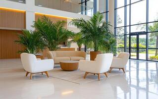 Giant prehistoric plants create a lush atmosphere in a modern indoor garden setting photo