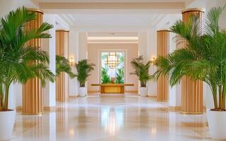Dramatic giant ferns frame an elegant corridor in a luxurious interior setting photo