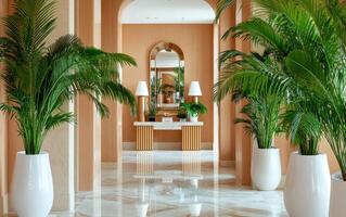 Dramatic giant ferns create an elegant atmosphere in a modern interior space with polished marble flooring photo