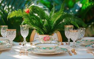 Elegant wedding table setting featuring vintage glassware and an elaborate fern centerpiece in a lush botanical garden photo