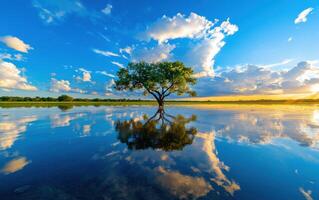 Flooded plains reflecting the sky and a solitary tree at sunset photo