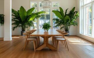 Large vibrant giant ferns create a lush atmosphere in a modern dining space with natural light photo