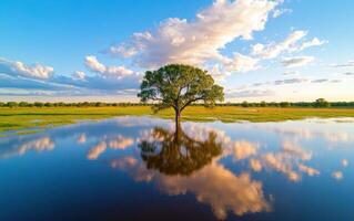 Flooded plains reflecting clouds and a solitary tree during golden hour in a tranquil landscape photo