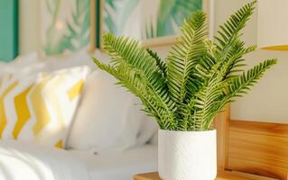 Cozy interior featuring vibrant giant ferns in a sunny, modern bedroom with elegant decor and warm textures to create a serene atmosphere photo