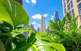 Dinosaur-era plants flourishing in urban environment beneath a bright blue sky photo