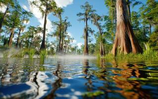 Exploring an ancient swamp with cypress trees and misty waters on a sunny day photo
