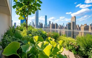 Exploration of ancient dinosaur-era plants on a modern urban rooftop garden photo