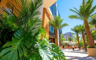 Ancient plant species thrive in a vibrant urban setting featuring lush ferns and tropical greenery photo
